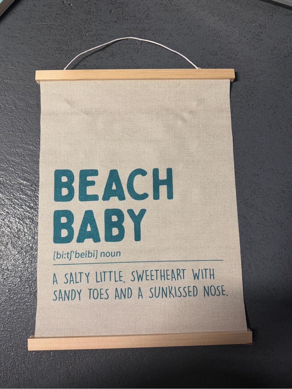 Beach Baby Canvas Wall Hanging - Teal Text